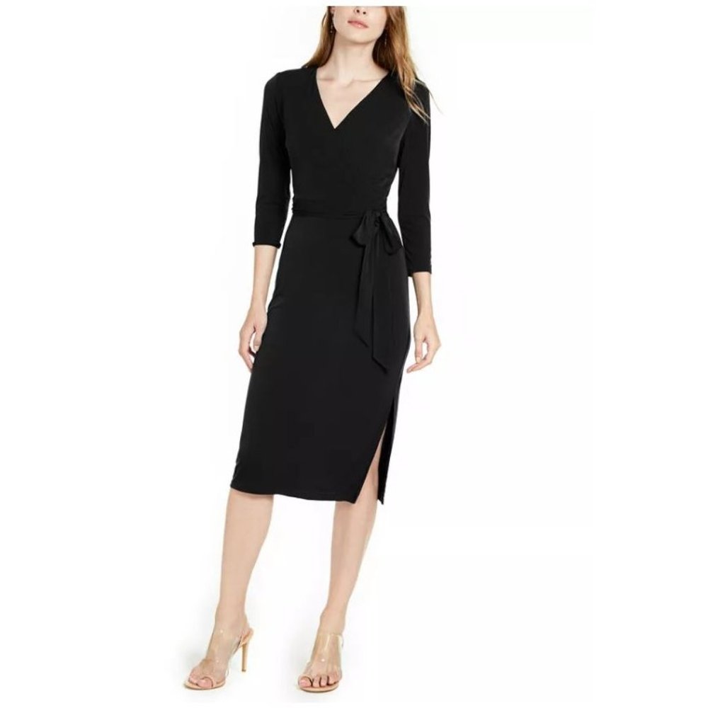 $90 INC International Concepts Side-Tie Faux-Wrap Dress Deep Black Small B56-17